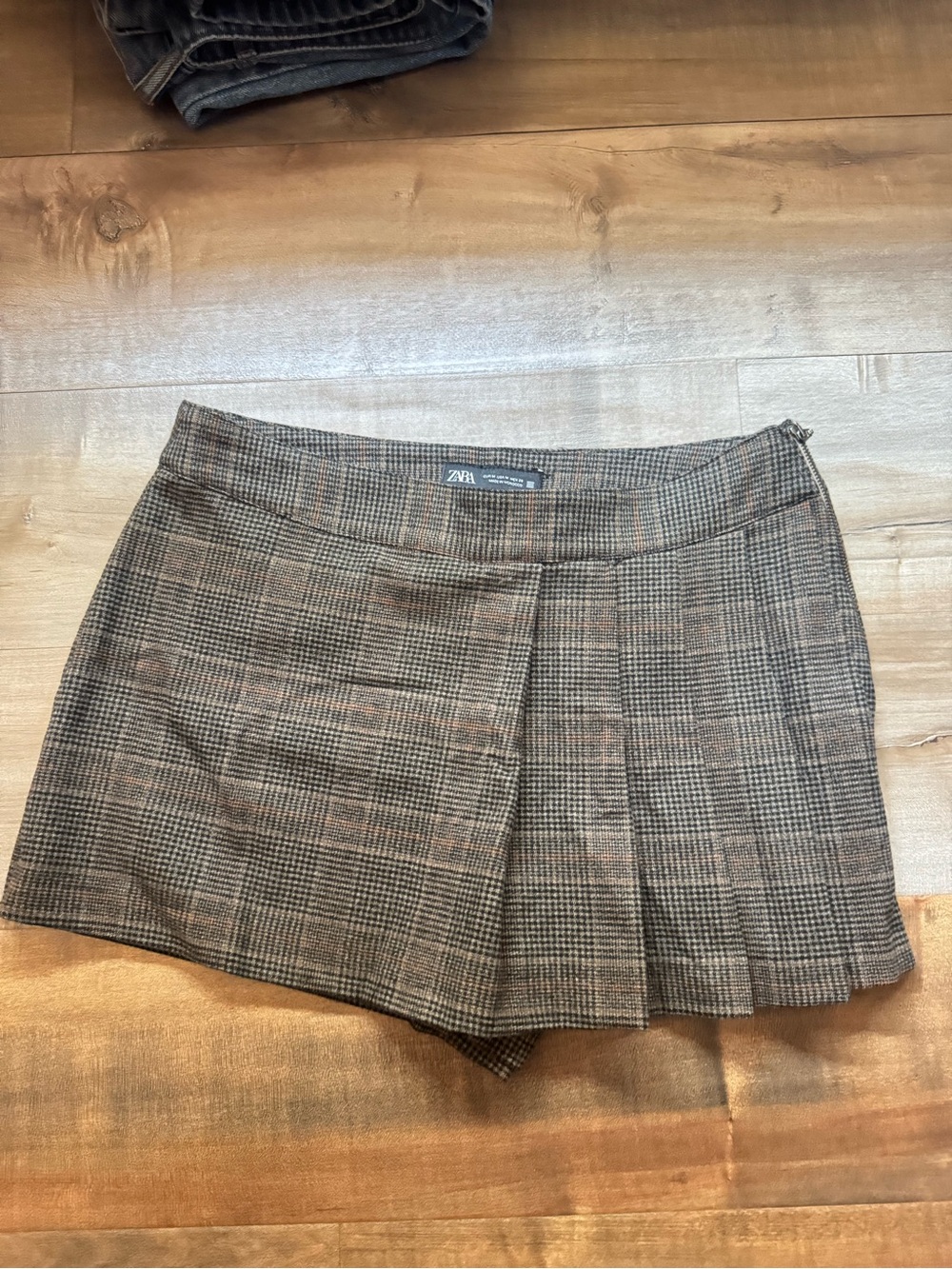 Zara Brown and Gray Plaid Pleated Mini Skort